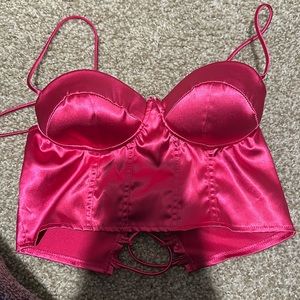 Pink crop lace up top
